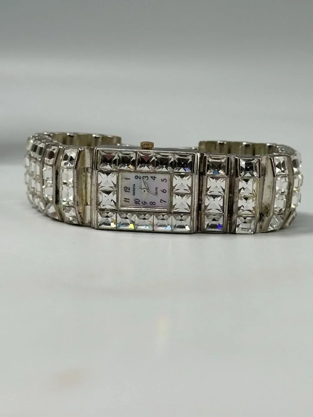 Geneva Elite Rhinestone Watch Women Silver Tone White Dial New Battery 6.75